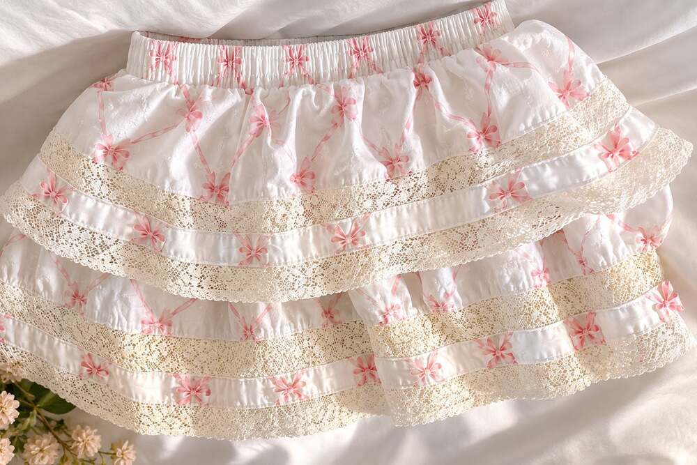 Francesca's Samantha Bow Print Tiered Mini Skirt with Lace Trim